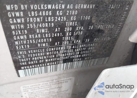 2014 Volkswagen Tiguan R-Line z USA, uszkodzony, nr VIN WVGAV3AXXEW068776